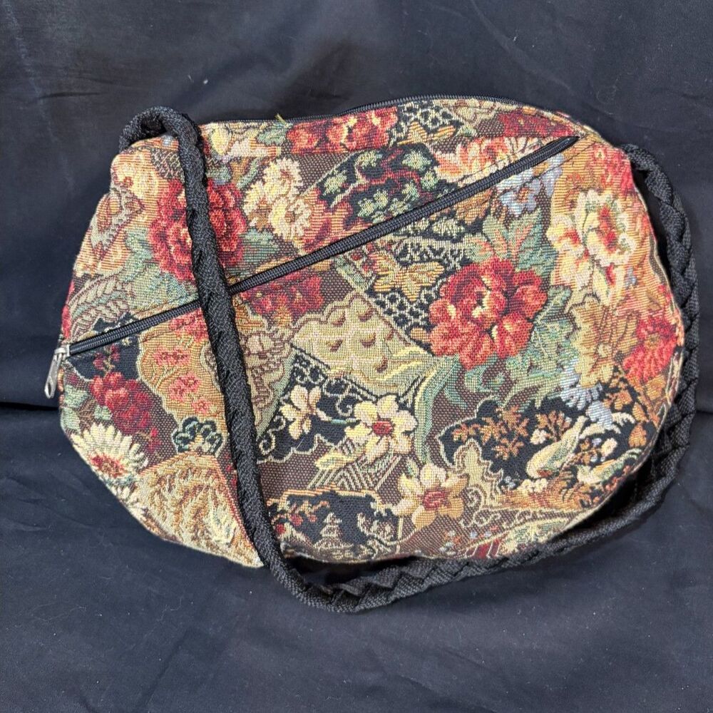 Vintage Floral Tapestry Crossbody Bag Braided Strap Grandma Core Aesthetic Boho